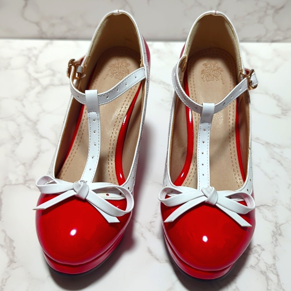 Retro Women's T-Strap High Heels Bow Platform Round Toe Pumps Mary Jane's